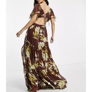 ASOS Tiered Maxi Dress 14, Plunging Neckline, Burgundy Large Floral Print